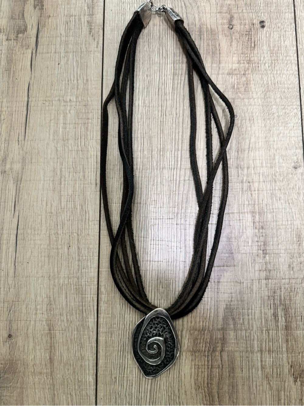 Handmade Black Leather Multi-Strand Necklace with Silver Spiral Pendant